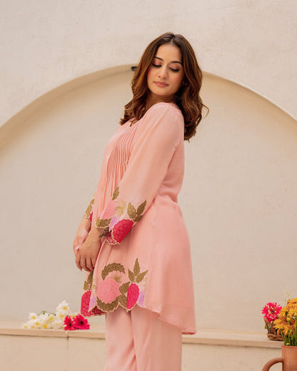 Peach Rosé Cotton Embroidered Co-ord Set