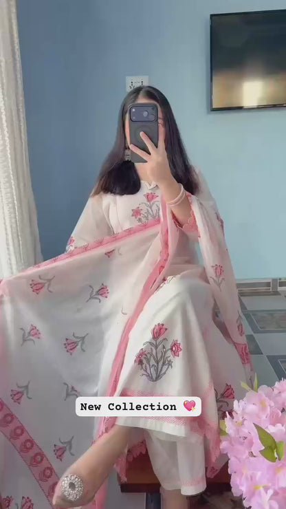 Summer Special Hand Block Print Cotton Ghera 3 piece Set (Balaji)