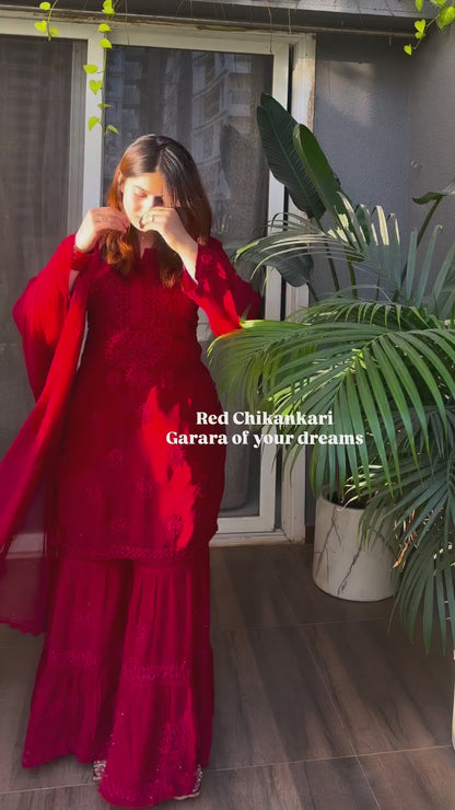 Red Chikankari Sharara kurti Set -(1476)